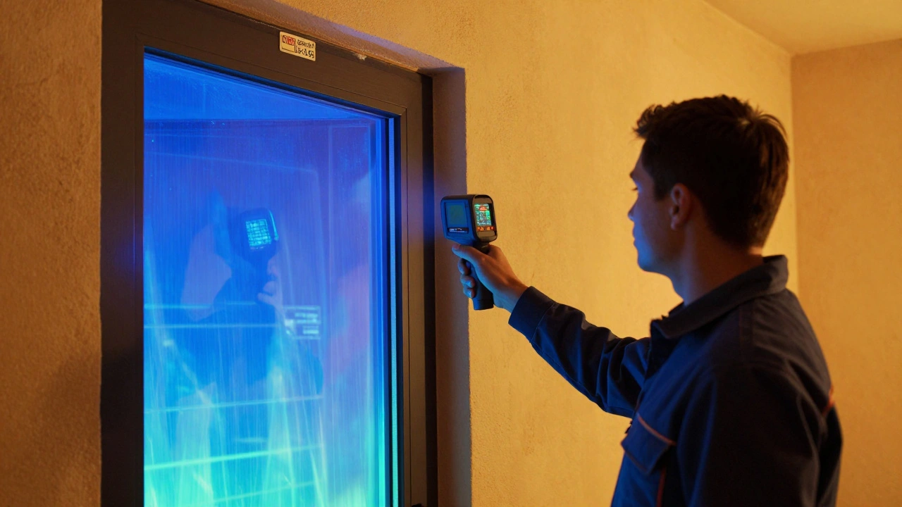 Techniker misst mit Wärmebildkamera die Dämmung einer neuen Haustür, blaue Kälte um die Tür, warme Wände.