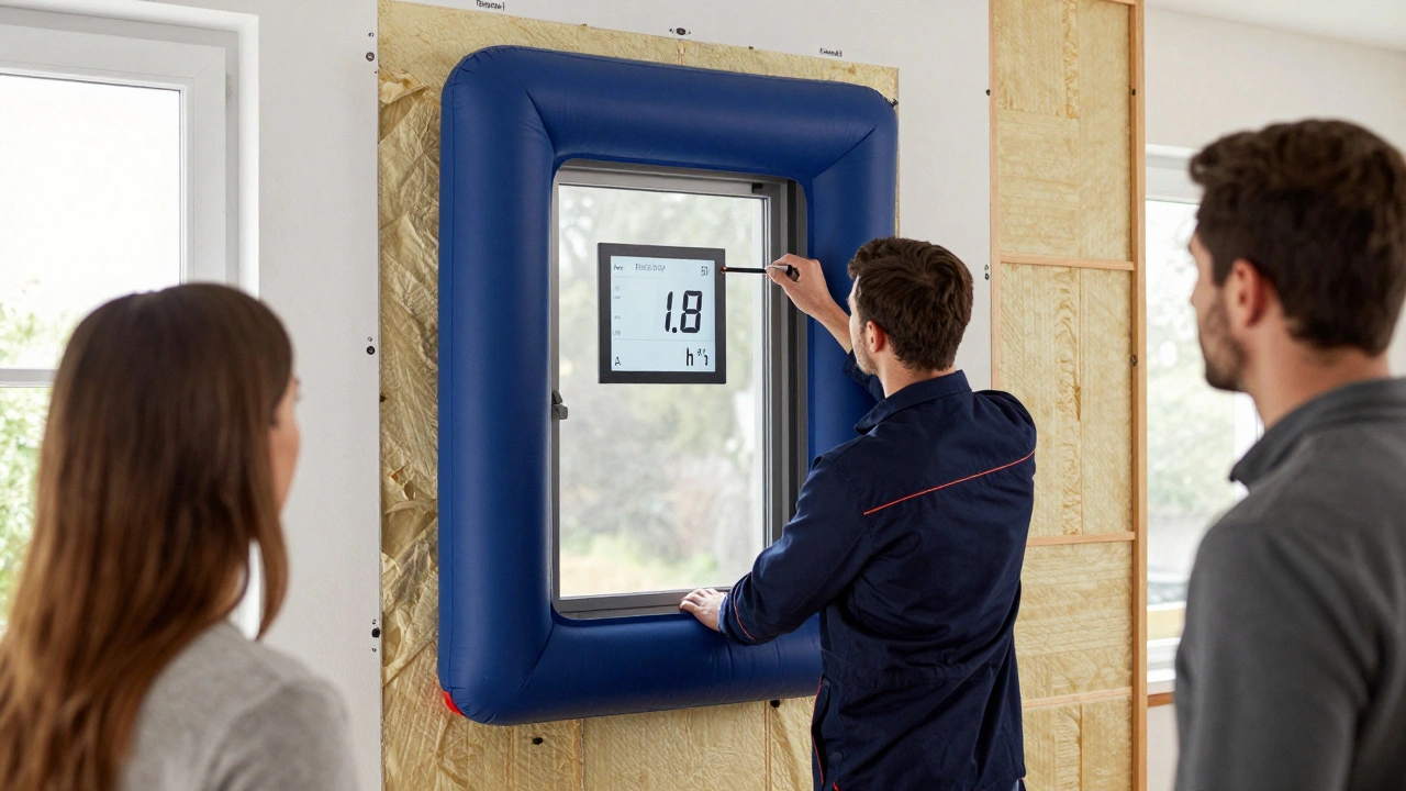 Techniker misst n50-Wert mit Blower-Door-Test während Innendämmung in Reihenhaus