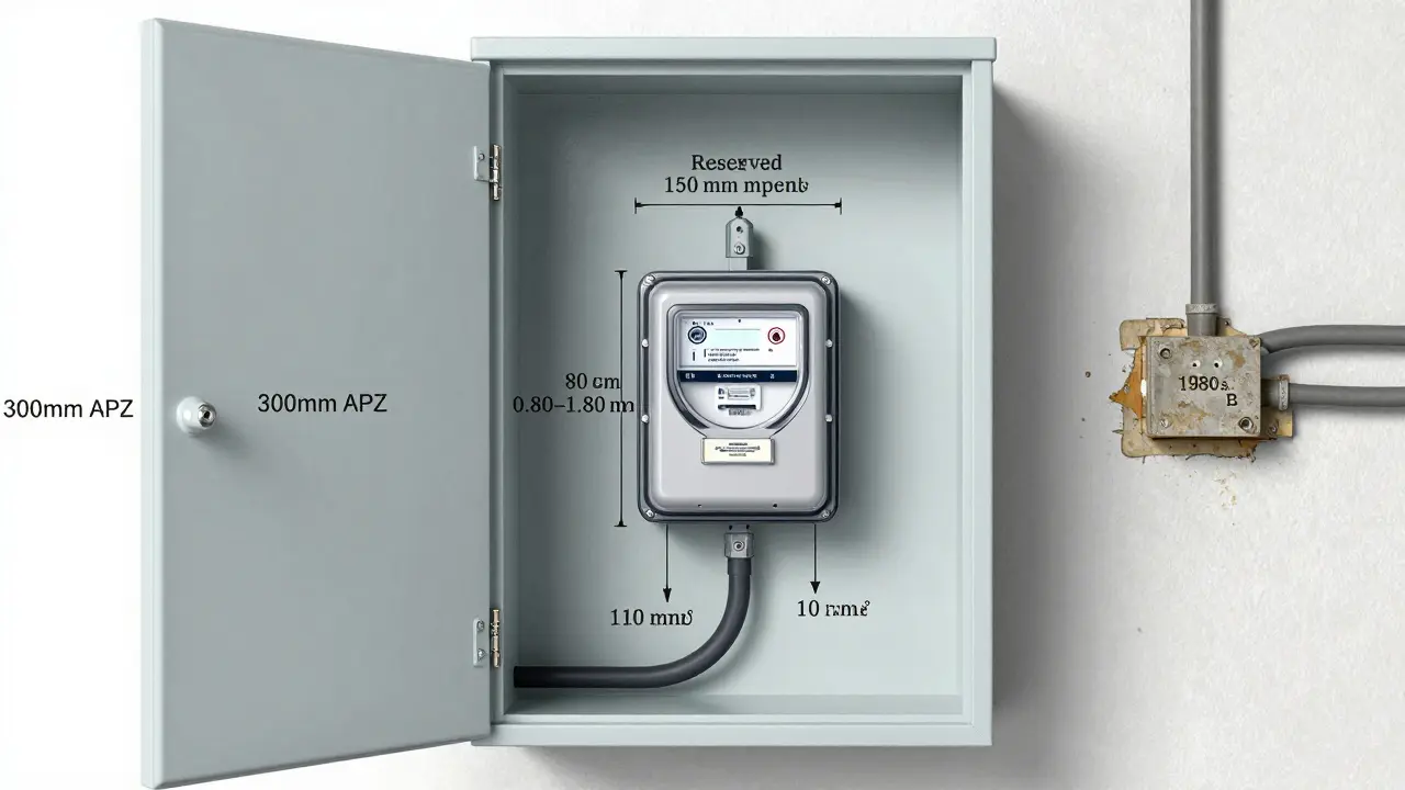 Technische Darstellung eines alten Zählerplatzes im Vergleich zu den neuen VDE-Abmessungen und Anschlussvorgaben.