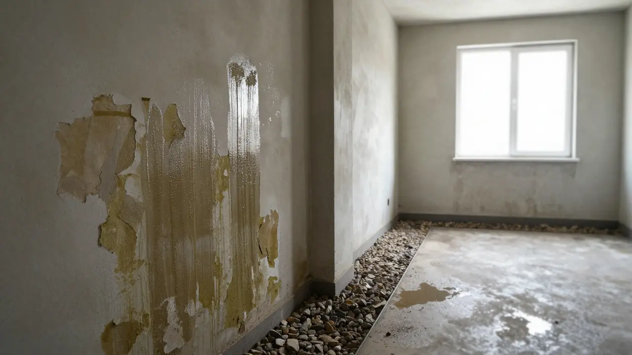 Vergleich: feuchte, schimmelige Kellerwand links vs. trockene, abgedichtete Wand rechts.