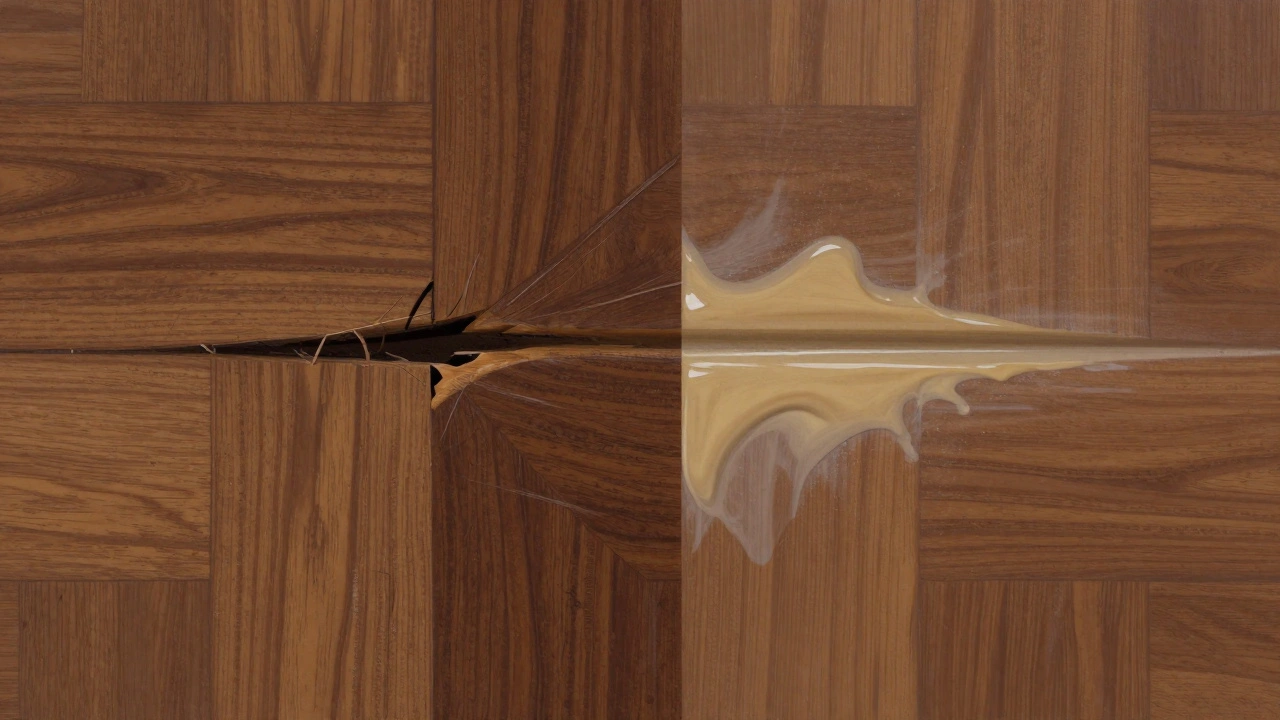 Vergleich von tiefem Schaden und reparierter Stelle auf geöltem Nussbaumholz.