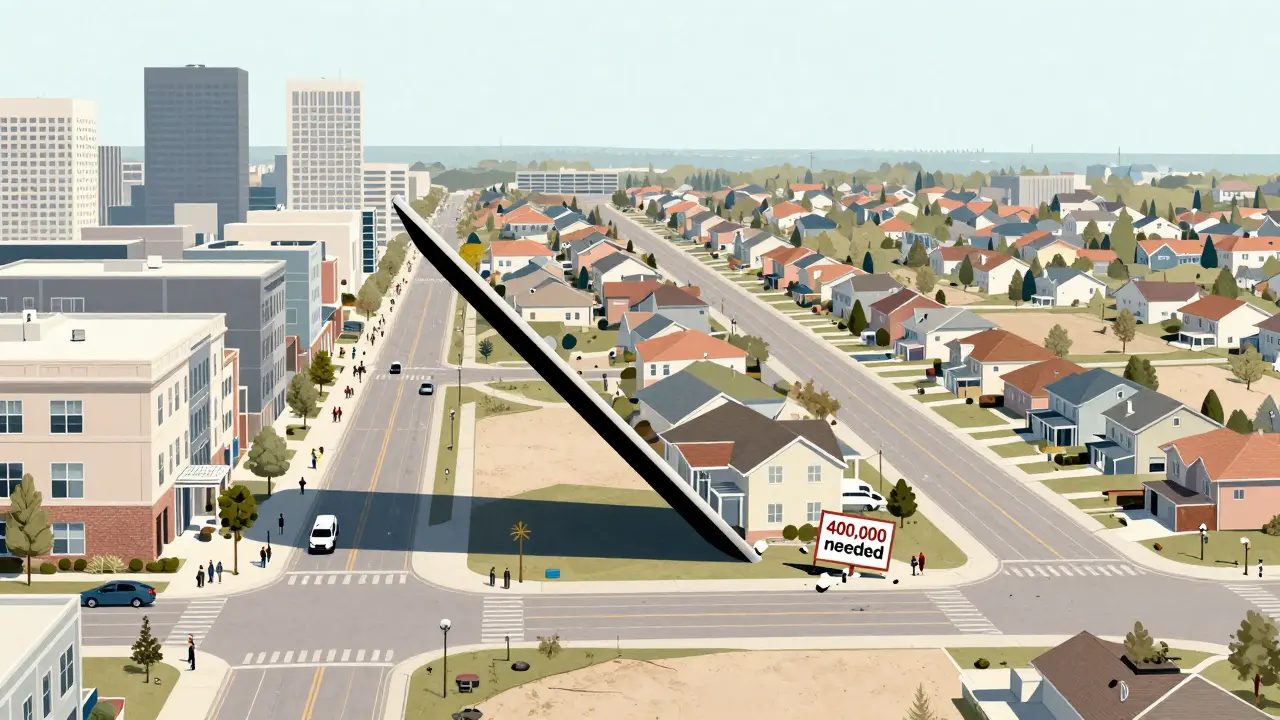 Vergleich zwischen dichtem Mehrfamilienhausviertel und verstreuten Einfamilienhäusern in der Suburbia.