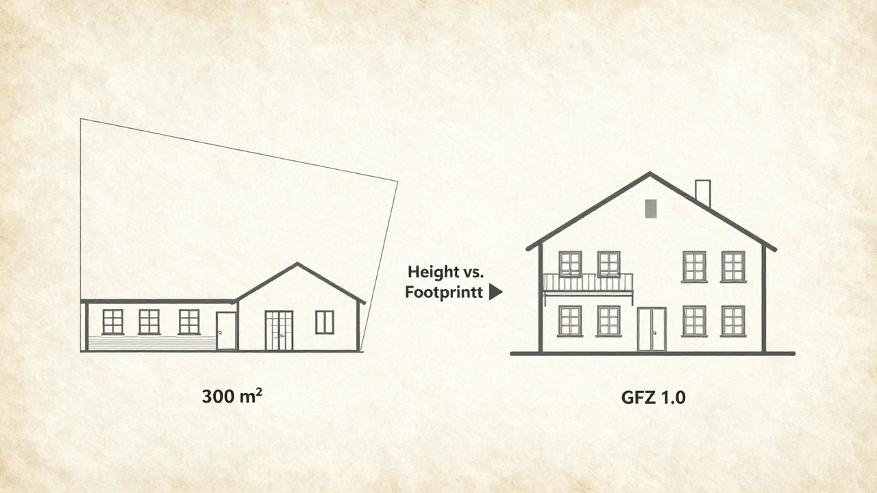 Vergleichende Darstellung eines flachen und eines hohen Hauses mit gleicher Grundfläche, aber unterschiedlicher Geschosszahl.