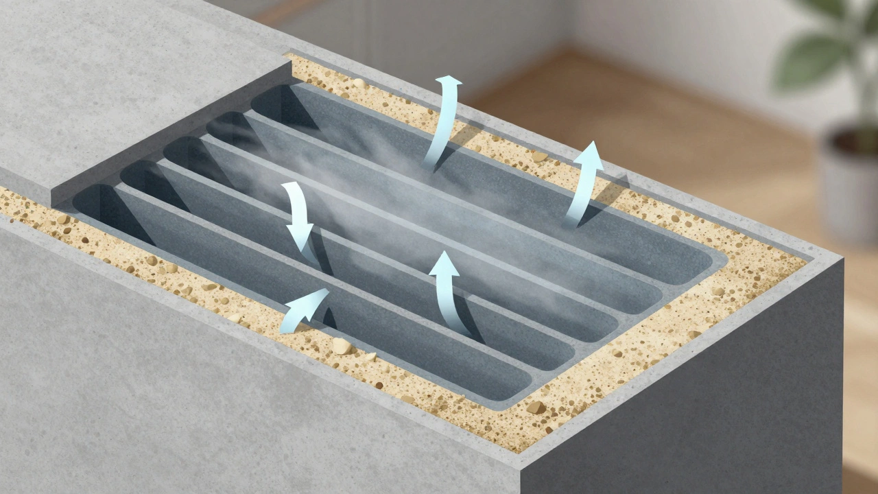Vergrößerte Querschnittsdarstellung der mikroskopischen Kapillaren in einer kapillaraktiven Dämmplatte, die Feuchtigkeit aufnehmen und abgeben.