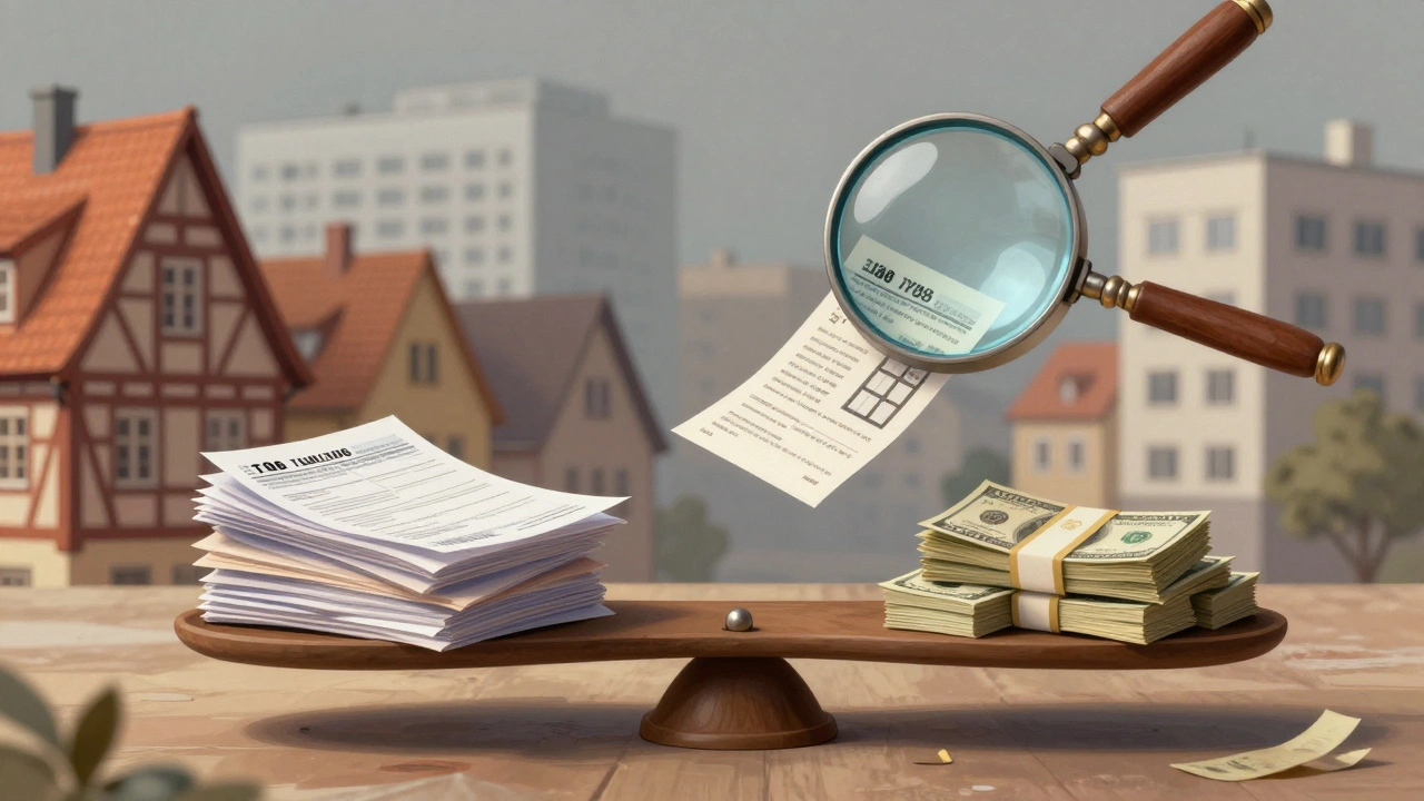 Waage mit Steuerpapieren und eingespartem Geld, umgeben von Renovierungsbelegen und Häusern.