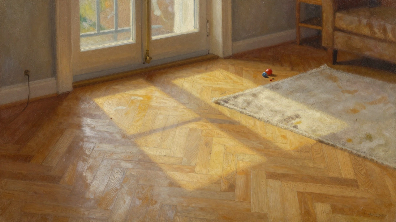 Wohnzimmer mit geöltem Eichenparkett, Sonnenlicht betont die natürliche Maserung und den zeitlosen Charakter.