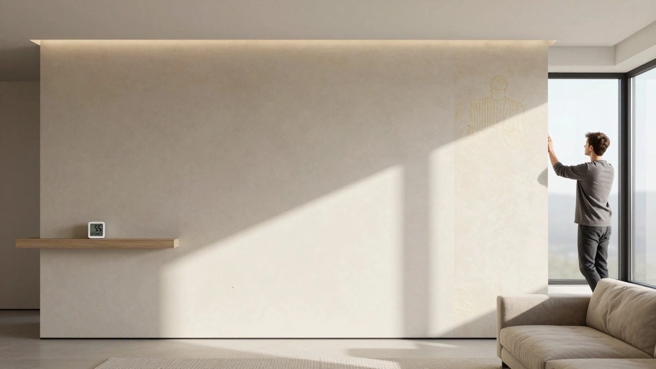 Wohnzimmer mit renovierter Wand, Bewohner lüftet, Feuchtigkeitsmesser zeigt optimale Werte, keine Schimmelstellen.