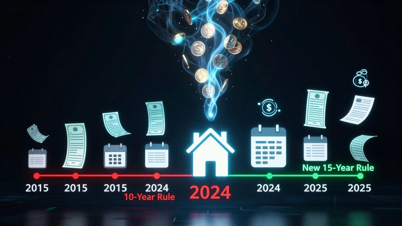 Zeitlinie zeigt die Änderung der Spekulationsfrist von 10 auf 15 Jahre ab 2025.