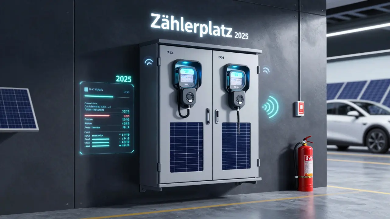 Zukunftsfähiger Zählerplatz mit Photovoltaik- und E-Auto-Messung, integrierten Smart-Home-Sensoren und IP54-Schutz.