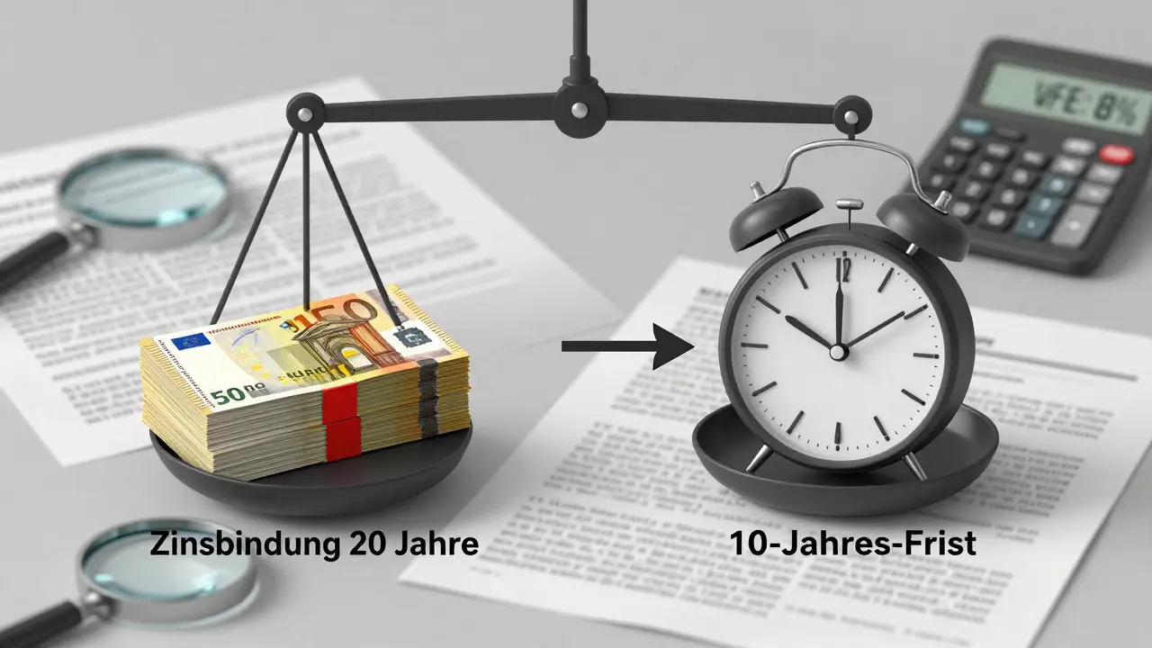 Zwei Waagen vergleichen lange Zinsbindung mit der 10-Jahres-Frist, umgeben von Finanzdokumenten.