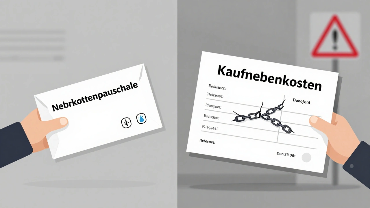 Zweiteilige Darstellung: Mietnebenkosten-Pauschale links, rechtswidrige Kaufpauschale rechts mit rotem Warnsymbol.