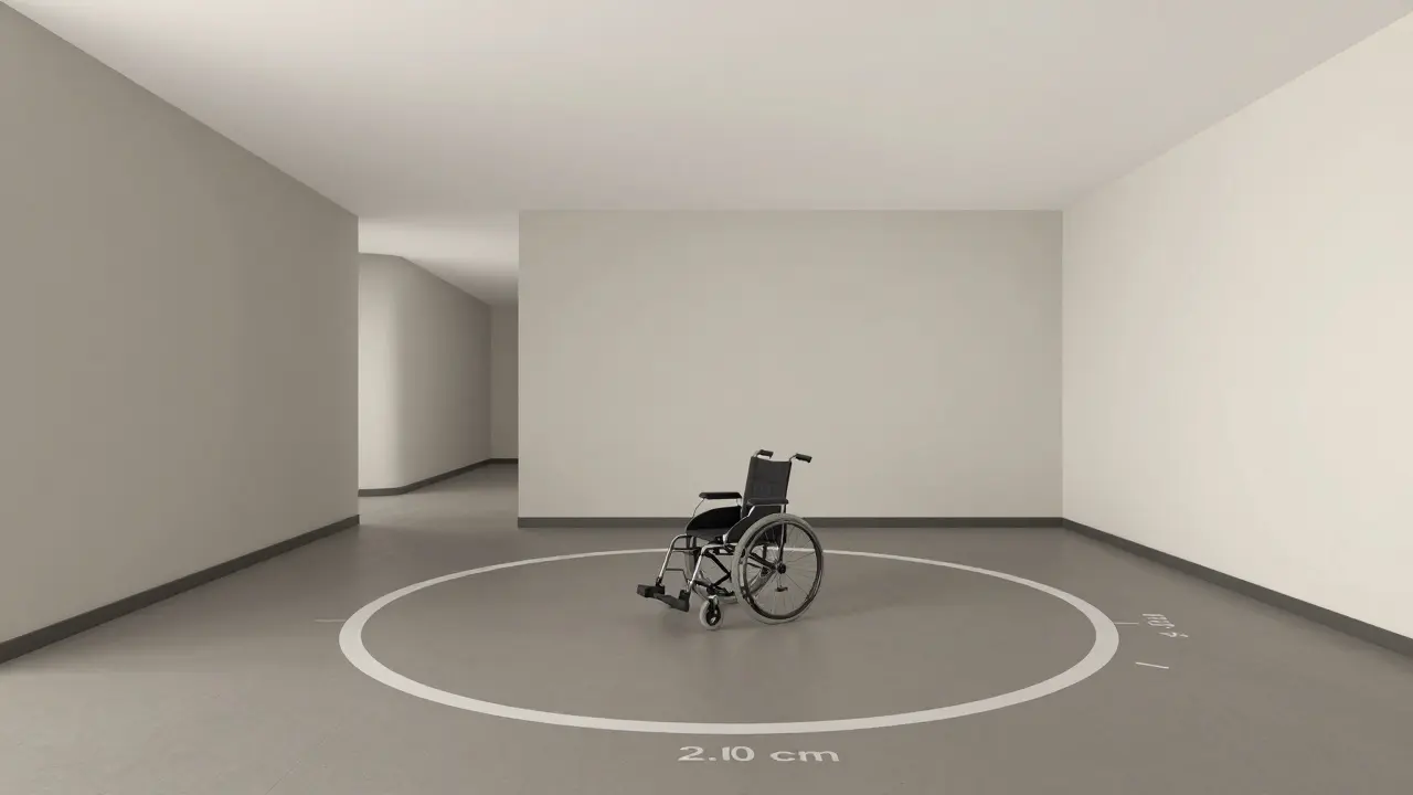 150 cm breiter Flur mit 150 cm x 150 cm Wendefläche, ein Rollstuhl wendet sich.