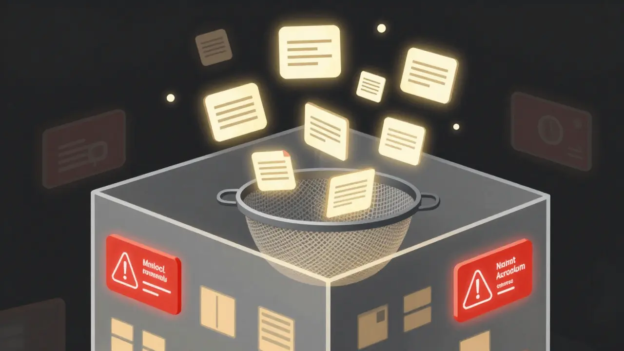 Datenströme werden gefiltert: Nur Ergebnisse, nicht Namen oder Gesundheitsdaten, bleiben sichtbar.