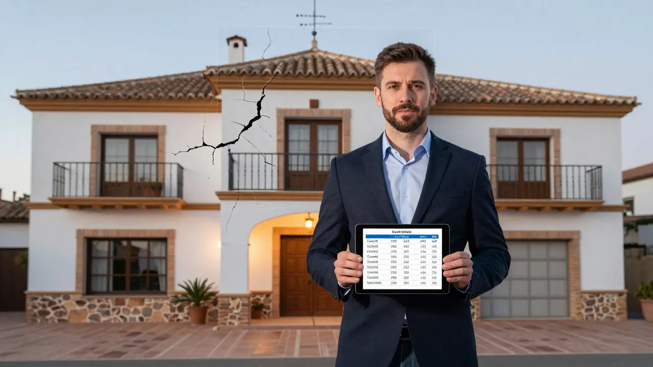 Deutscher Käufer vor drei Villen, Tablet mit Preisdaten, unsichtbare Mängel als Transparenz-Overlay.