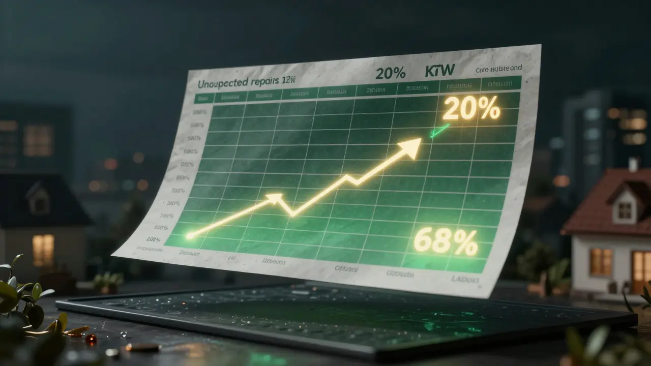 Digitales Budget mit Prozentsätzen für Sanierungskosten und Förderung, schwebend über einem Haus.