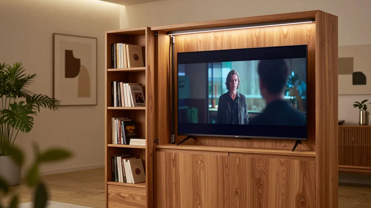 Drehbarer Holzraumteiler mit eingebautem Fernseher, eine Seite zeigt Bücher, die andere den eingeschalteten Bildschirm.