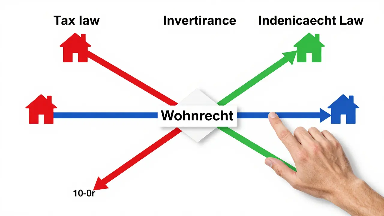 Drei farbige Zeitachsen für Steuer-, Erb- und Sozialrecht mit Haus und Wohnrecht-Barriere, symbolisieren unterschiedliche Fristen.