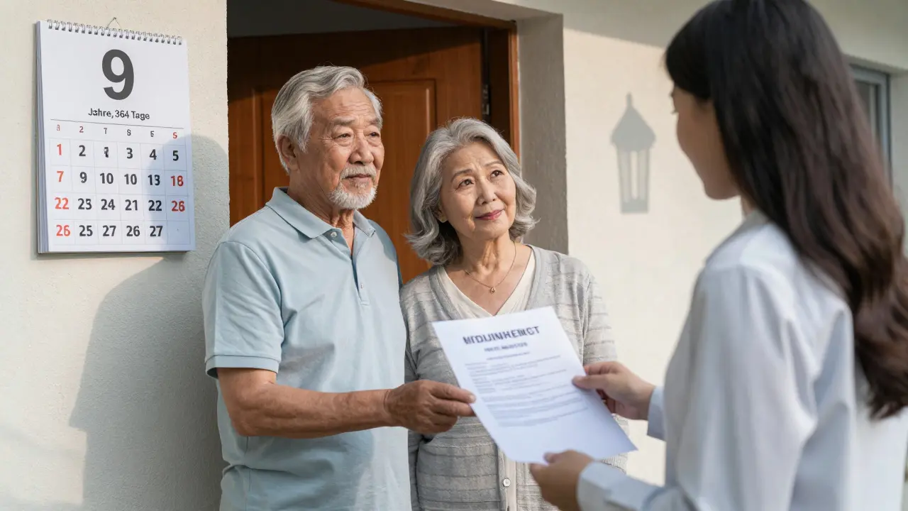 Ehepaar vor ehemaligem Zuhause, Sozialbeamter übergibt Rückforderungsbescheid, Pflegeheim im Hintergrund.