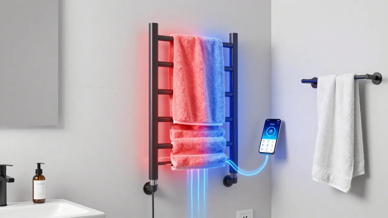 Ein Hybrid-Handtuchwärmer mit elektrischer und zentraler Heizung, gesteuert über eine App.