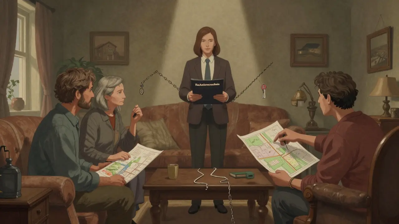 Ein Testamentsvollstrecker vermittelt zwischen streitenden Erben vor einem Haus.