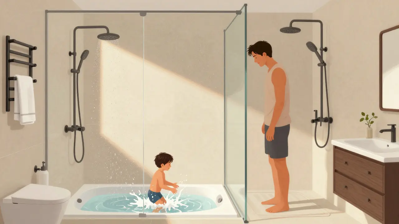 Familie nutzt Duschbadewanne: Kind badet, Elternteil duscht in einem gemeinsamen Bereich.