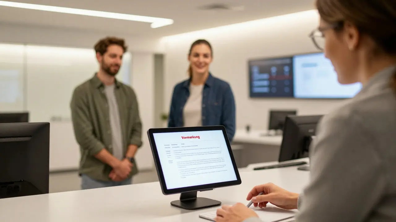 Grundbuchamt-Mitarbeiter zeigt elektronische Vormerkung einem zufriedenen Käuferpaar