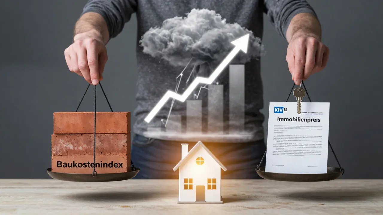 Hausbesitzer zwischen zwei Waagen: Baukosten auf der einen Seite, Immobilienpreis und Hypothek auf der anderen, im Hintergrund ein energieeffizientes Haus.