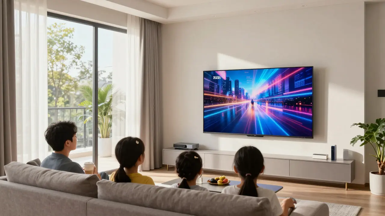 Helles Wohnzimmer mit OLED-Fernseher, Sonnenlicht im Hintergrund, Familie schaut Fernsehen.