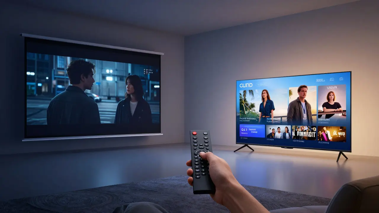 Hybrid-Wohnzimmer mit Projektor und Fernseher nebeneinander, Person zwischen beiden wählt.