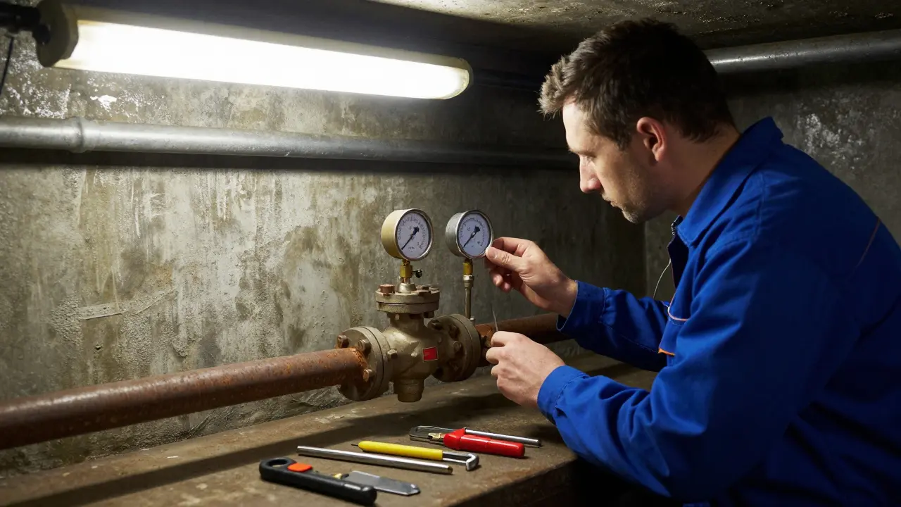 Installateur prüft den Druckminderer im Keller mit Manometer.