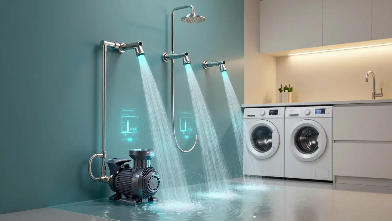 Moderne Druckerhöhungspumpe verstärkt den Wasserfluss zu mehreren Entnahmestellen.