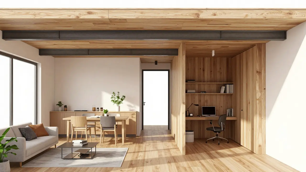 Offene Wohnküche mit Tageslicht von zwei Seiten und umgenutztem Abstellraum als Homeoffice.