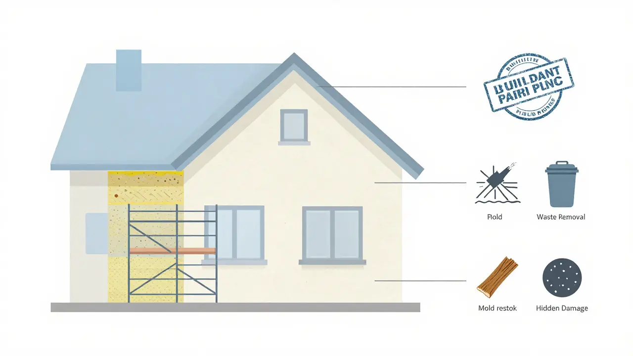 Querschnitt einer Fassade mit dargestellten Kostenfaktoren wie Dämmung, Entsorgung und Genehmigungen.
