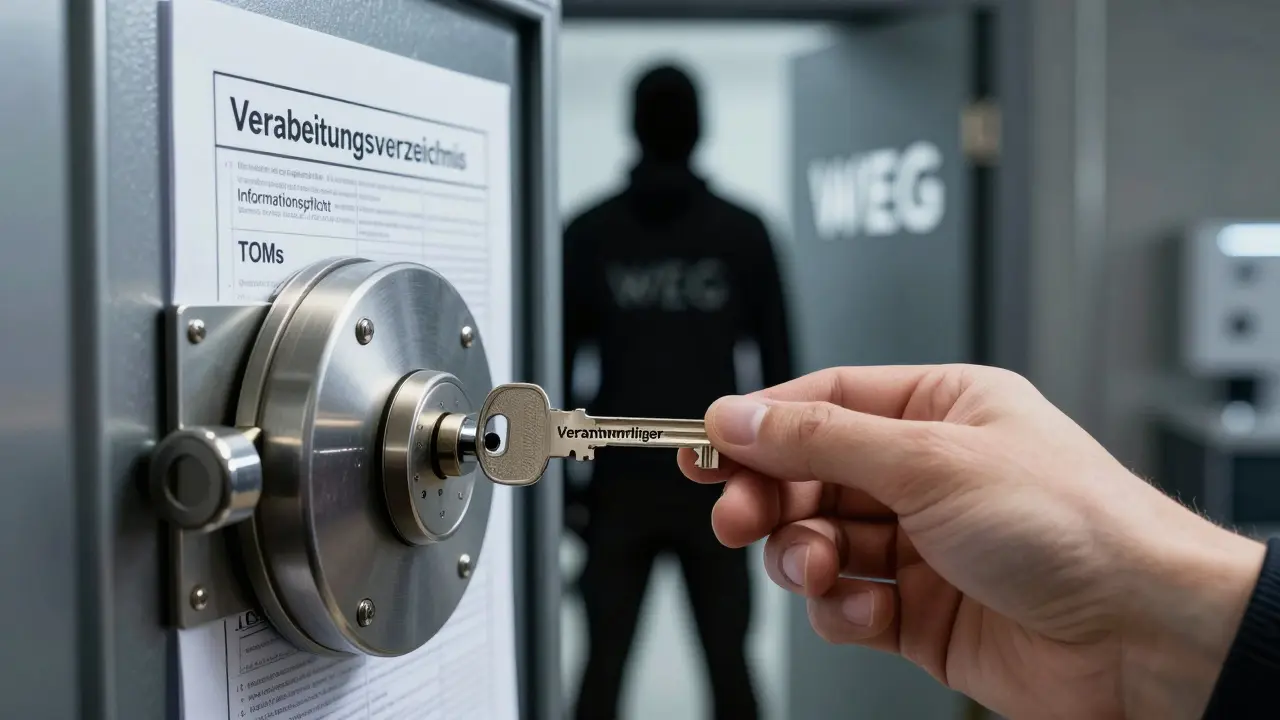 Schlüssel 'Verantwortlicher' öffnet einen digitalen Safe mit DSGVO-Dokumenten, WEG bleibt draußen.