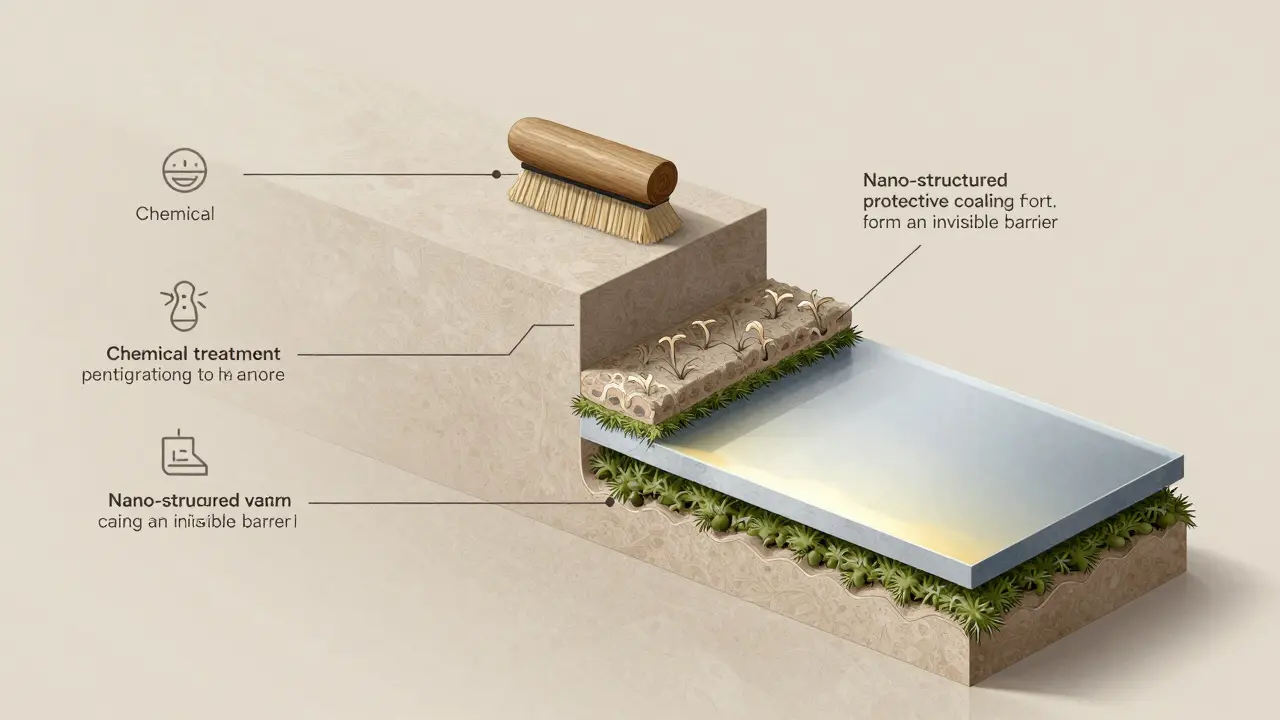 Schnitt durch eine Wand mit drei Reinigungsschritten: Chemie, Bürste und Schutzschicht.