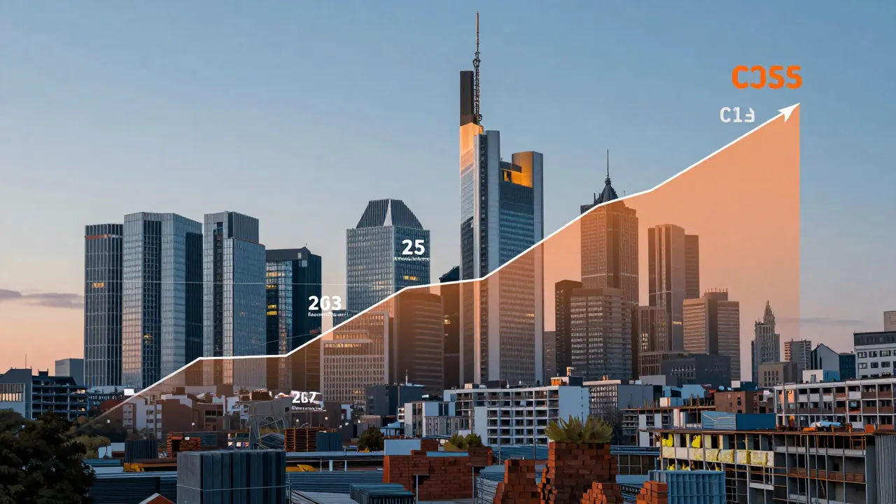 Stadtsilhouette mit drei transparenten Ebenen: Materialien, Baupreisindex und Immobilienpreise in verschiedenen deutschen Städten.