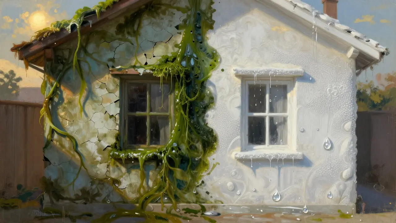 Vergleich: beschädigte, grüne Fassade links und geschützte, saubere Fassade rechts.