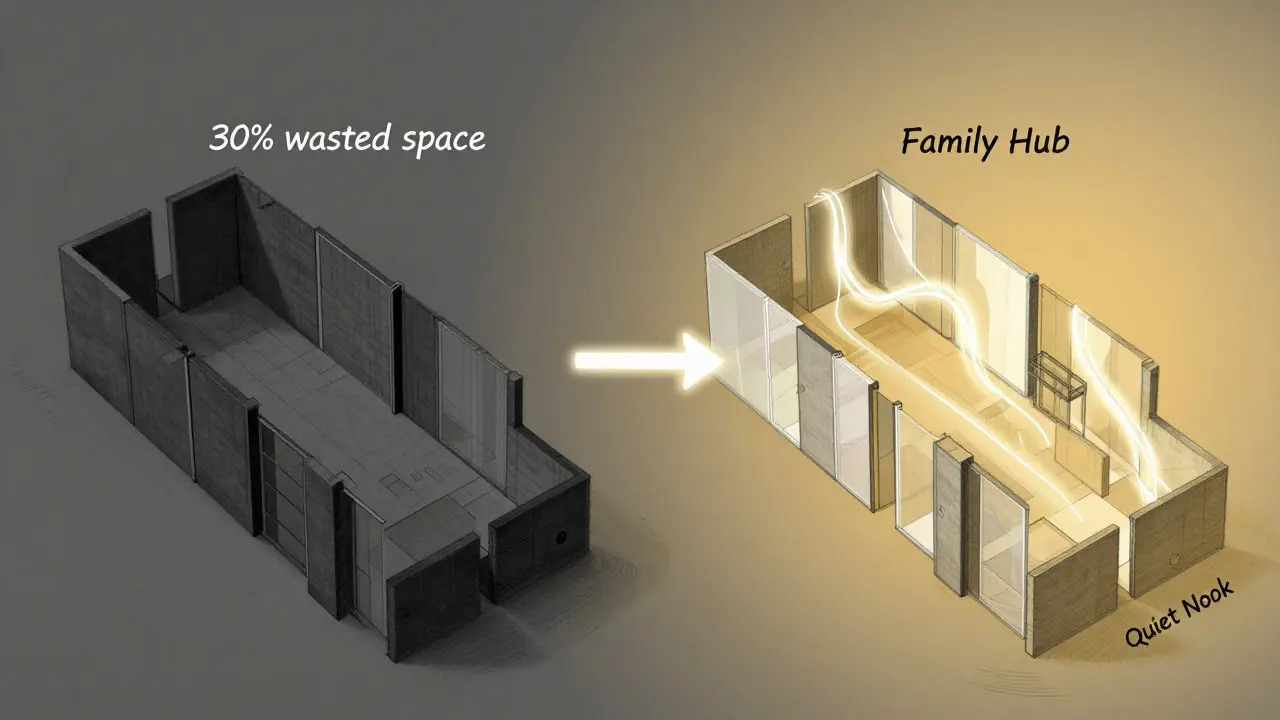 Vergleich der Raumnutzung: links verschwendete Fläche, rechts optimierter Grundriss mit Lichtflüssen.