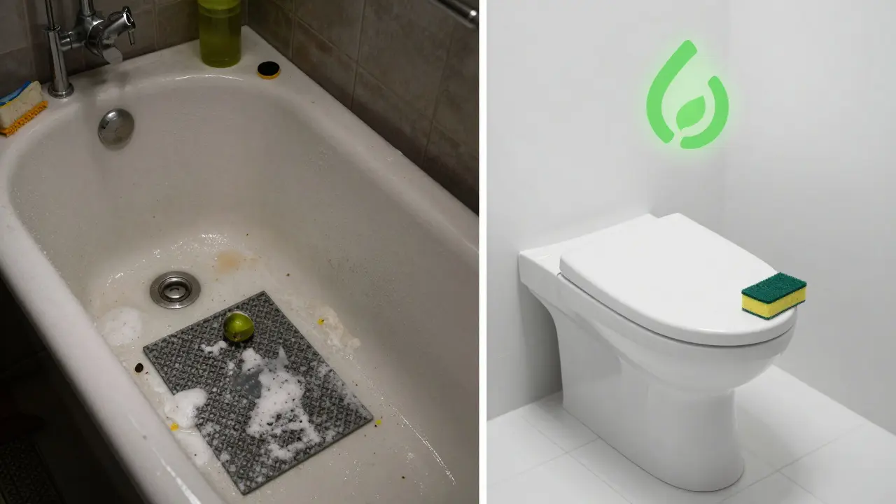 Vergleich: schmutzige Badewanne links, hygienische Dusche rechts mit Energie-Symbol.