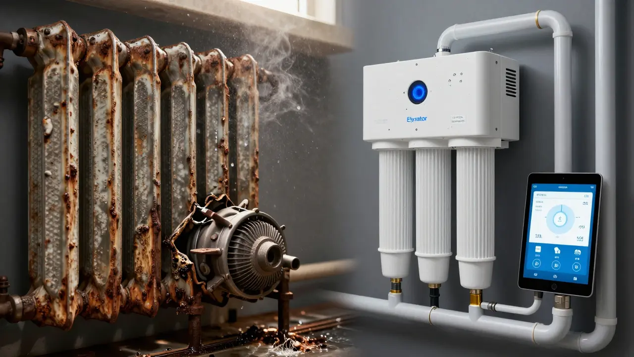 Vergleich: verstopfter, rostiger Heizkörper links, sauberer, moderner Heizkreislauf mit Filter und Digitalanzeige rechts.