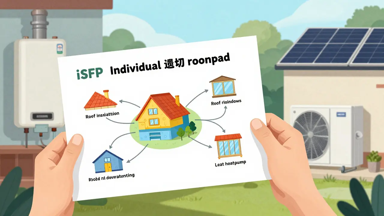 Visueller Fahrplan zeigt Schritt-für-Schritt-Sanierung: Dachdämmung, Fenster, Heizung — mit vorher/nachher-Szenen.