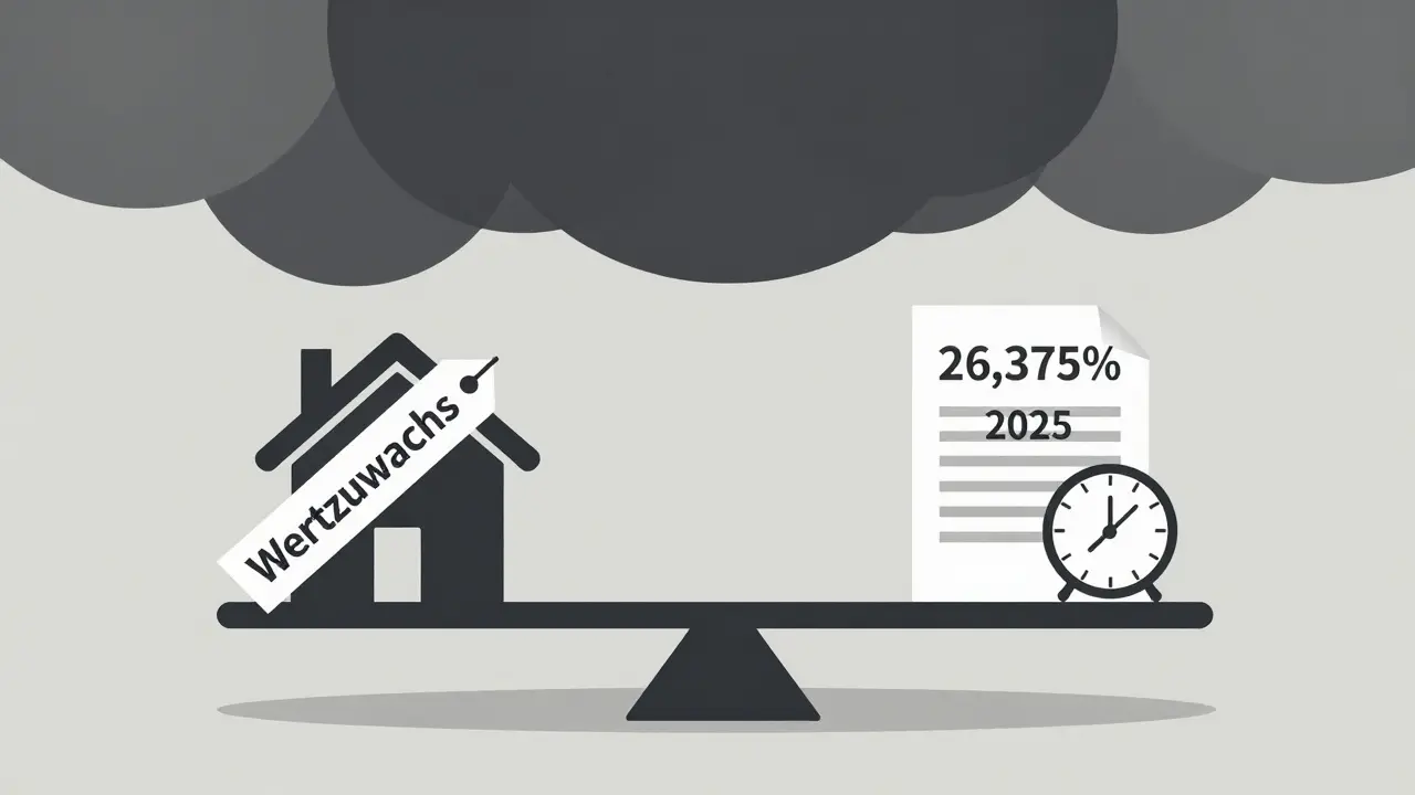 Waage mit Haus und Steuerdokument, Uhr tickt zu 2025, symbolisiert drohende Wegzugsbesteuerung.