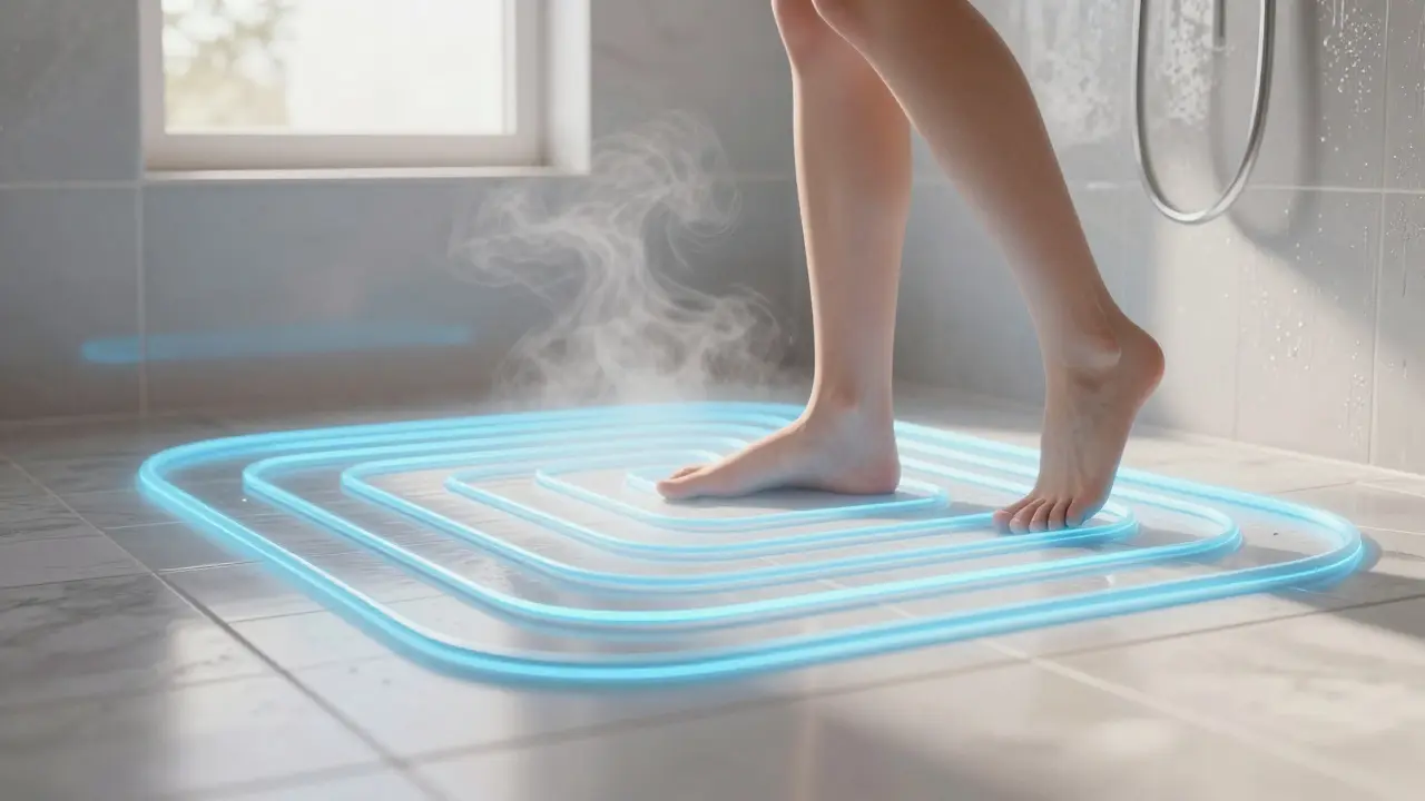 Warme Fußböden unter keramischen Fliesen, mit sanftem Dampf und nackten Füßen darauf.