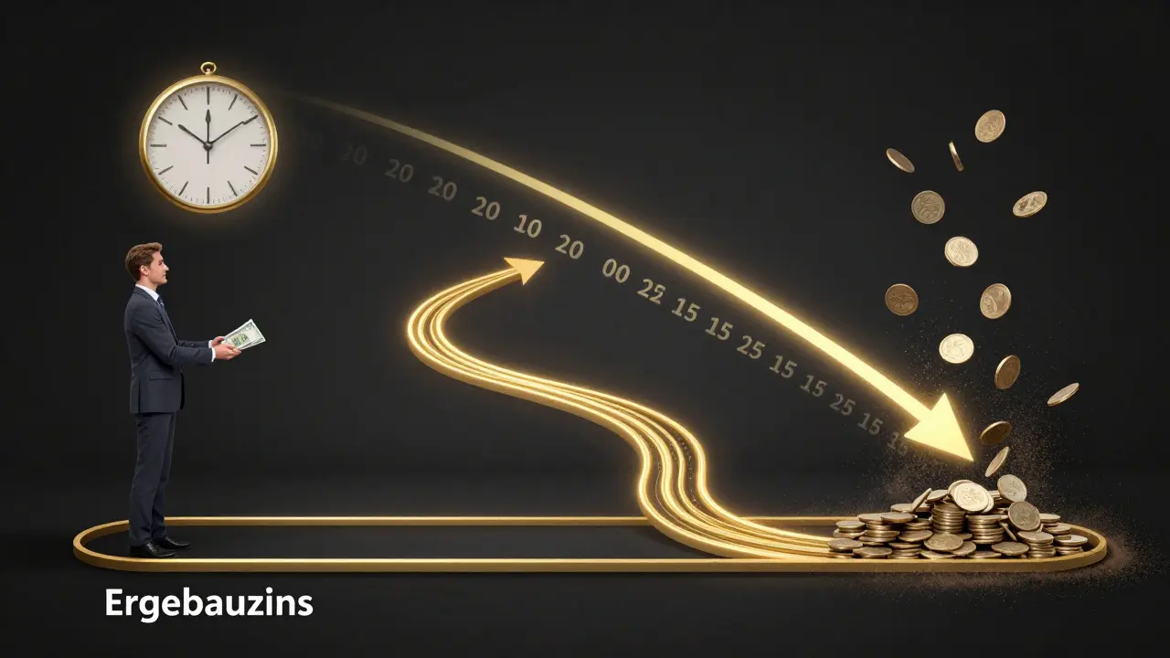 Zeitlinie zeigt, wie jährliche Zinszahlungen durch Inflation an Wert verlieren — dynamisch vs. fest.