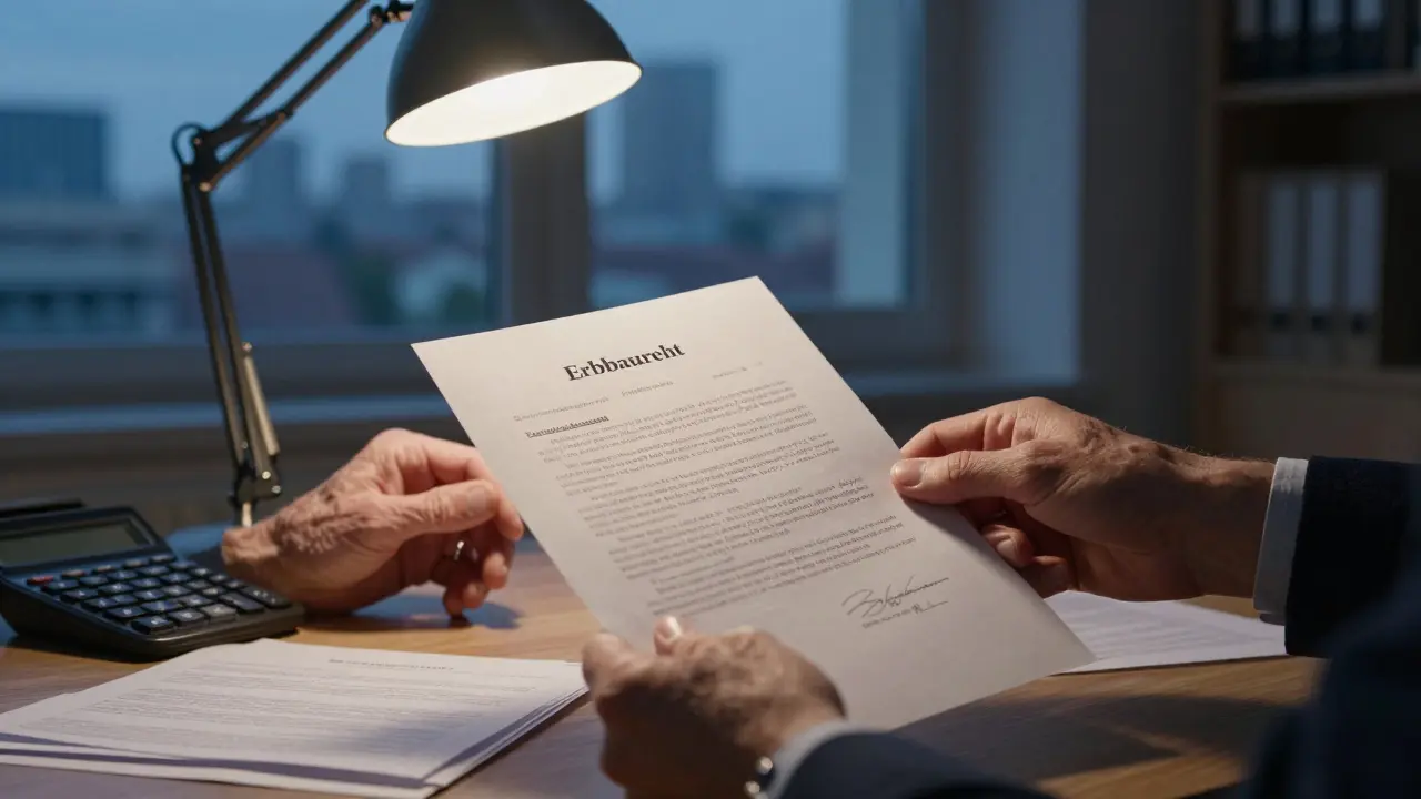 Zwei Hände schütteln sich über einem notariellen Erbbaurechtsvertrag in einem Büro.