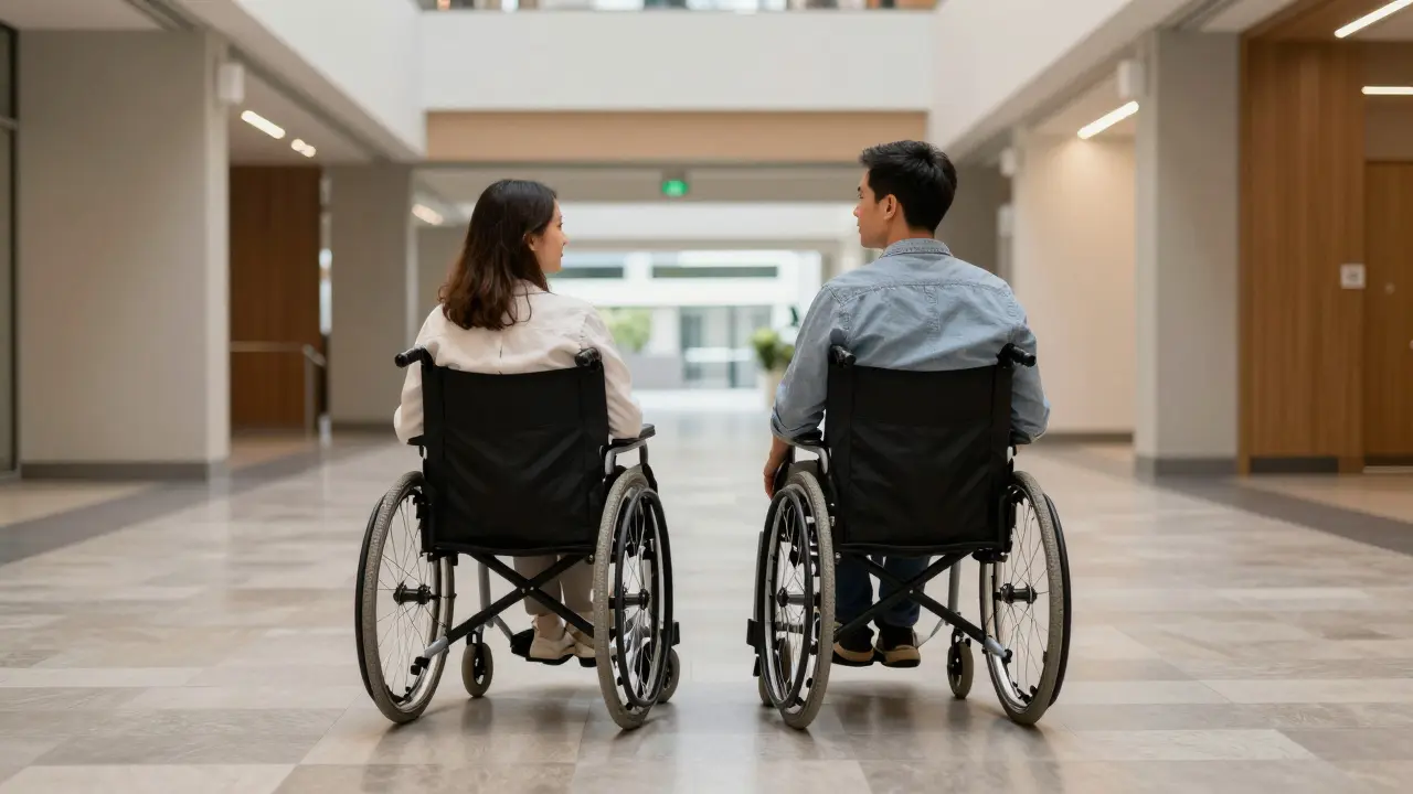 Zwei Rollstuhlfahrer begegnen sich in einer 180 cm x 180 cm breiten Begegnungsfläche.