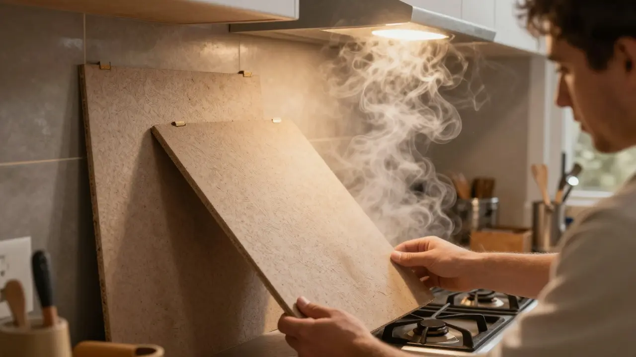 Arbeiter installieren Gipsfaserplatten in einer Küche mit Dampf.