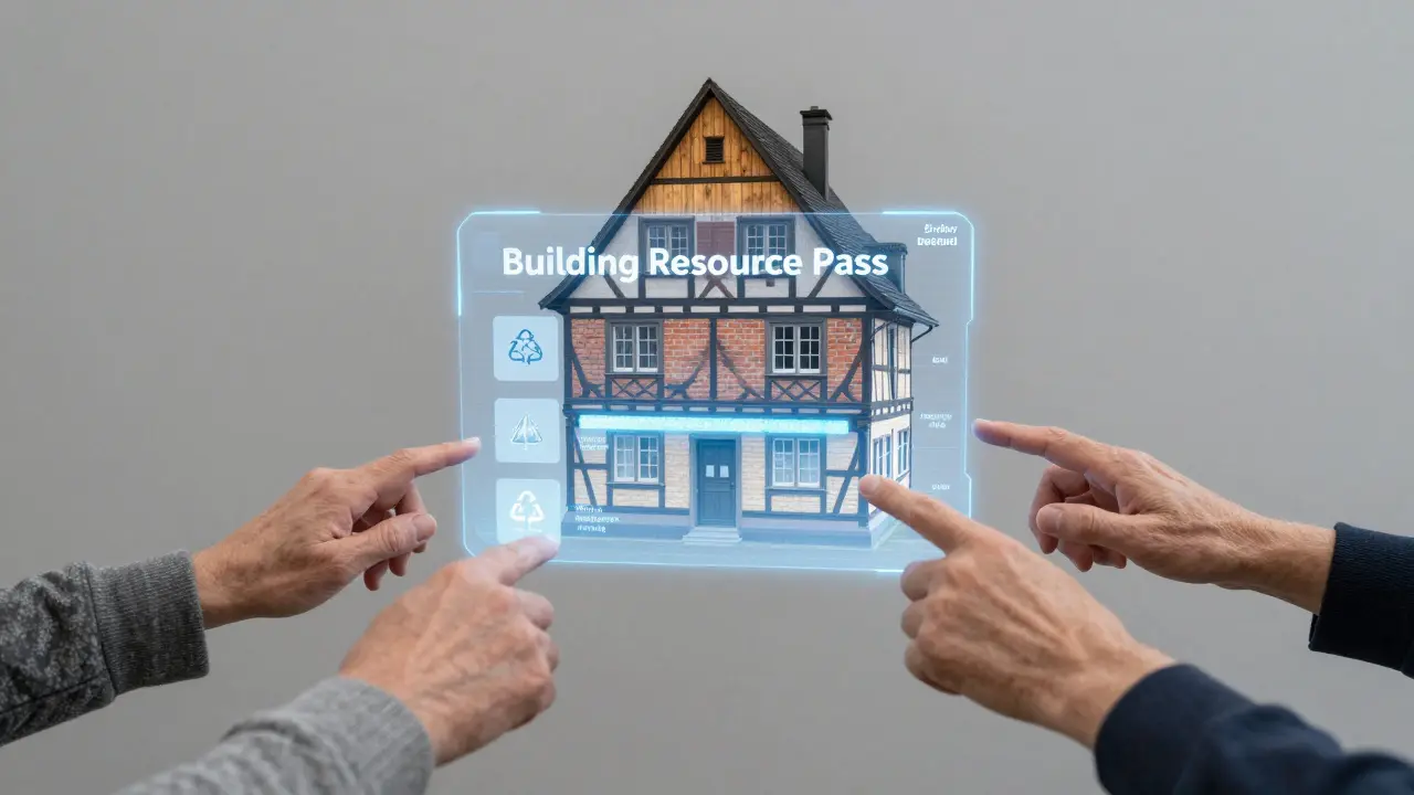 Digitale Material-Dokumentation als Hologramm über einem deutschen Haus, zeigt Herkunft und Recyclingpfad der Baustoffe.