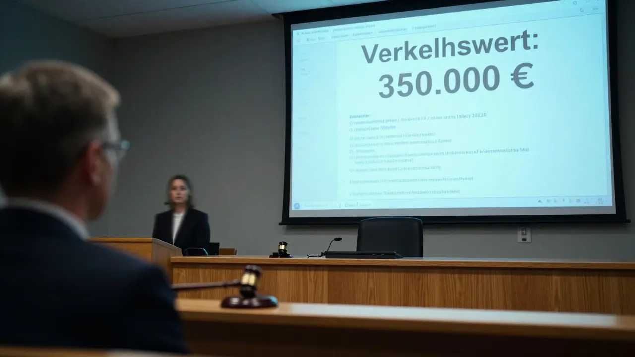 Ein deutsches Amtsgericht, Richter schlägt das Hammer, auf einem Bildschirm erscheint der Verkehrswert einer Immobilie.