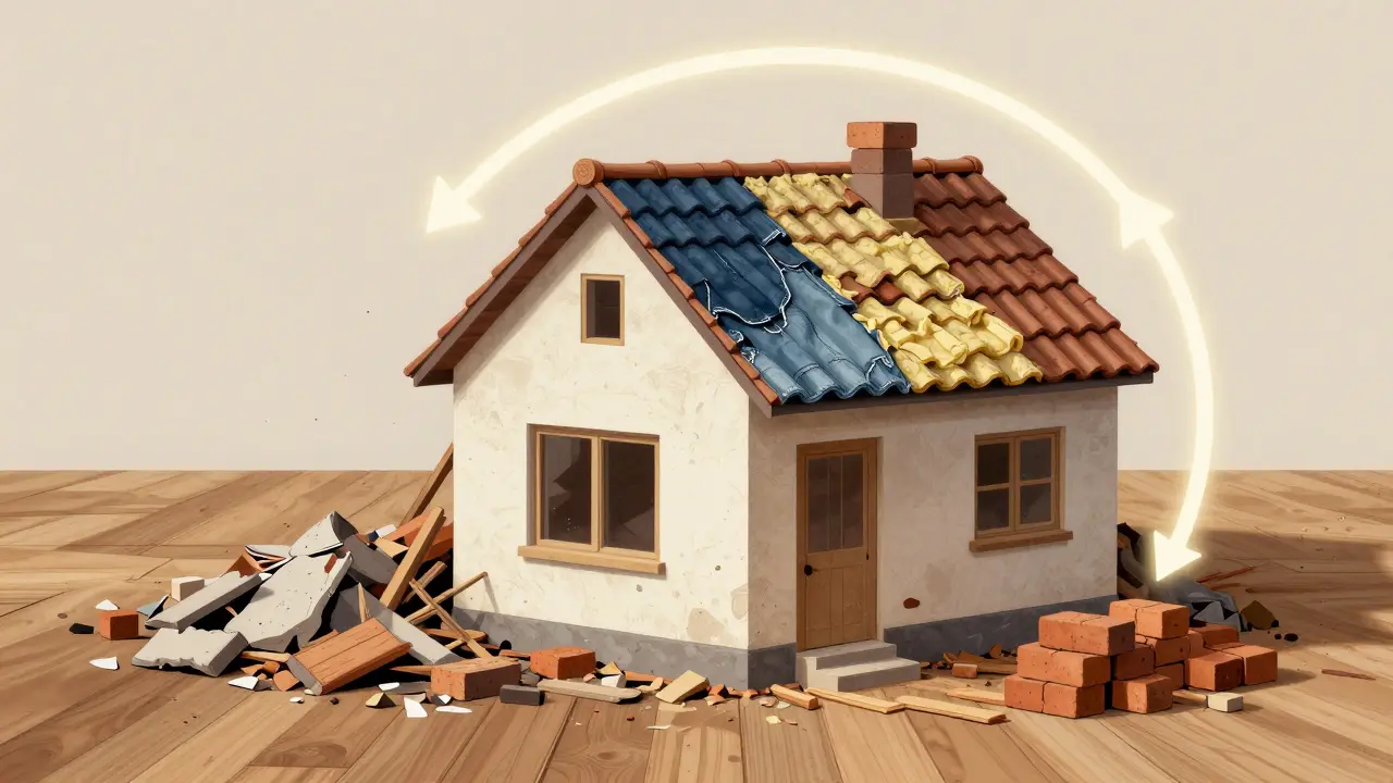 Ein Haus im Wandel: Rezyklierte Materialien und wiederverwendete Bauteile werden in einem geschlossenen Kreislauf verbaut.